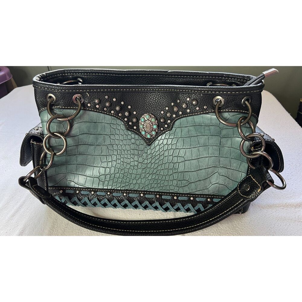 American Rag Western Bling Handbag Turquoise Faux-Crocodile Purse Boho